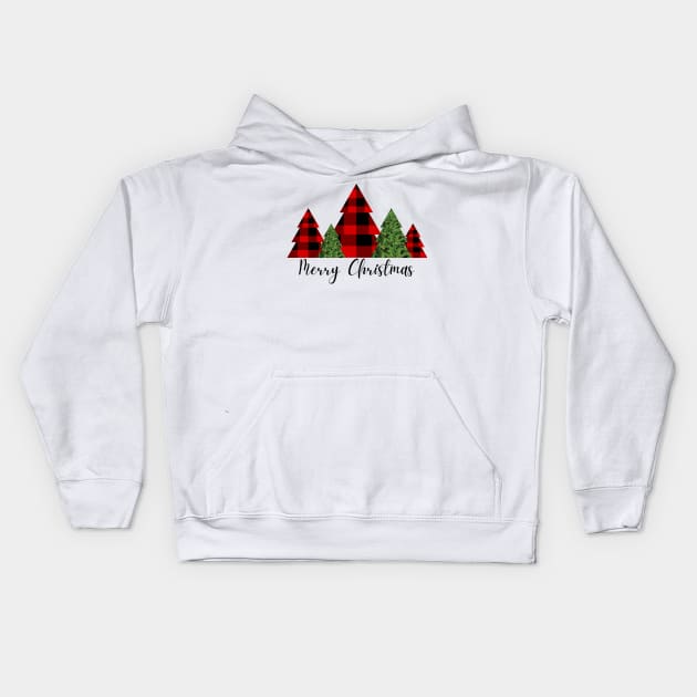 Merry Christmas in Cursive with five Pine Trees Kids Hoodie by EdenLiving